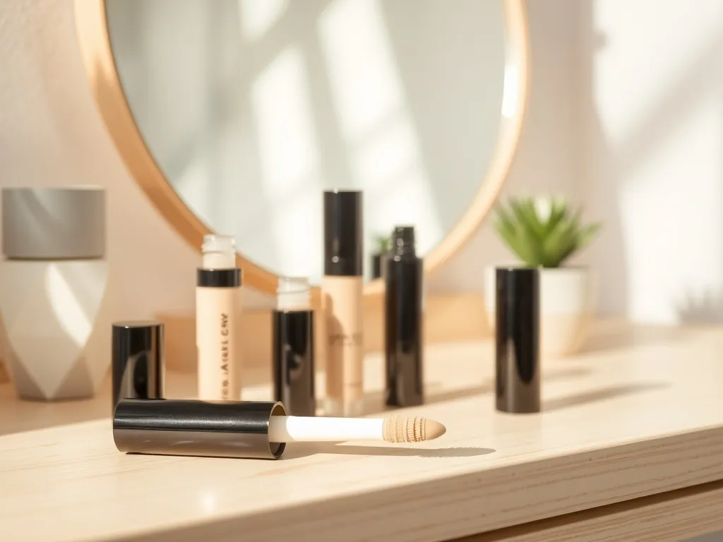 Eleganckie korektory pod oczy na toaletce w naturalnym świetle, tworzące minimalistyczną, estetyczną scenę beauty.