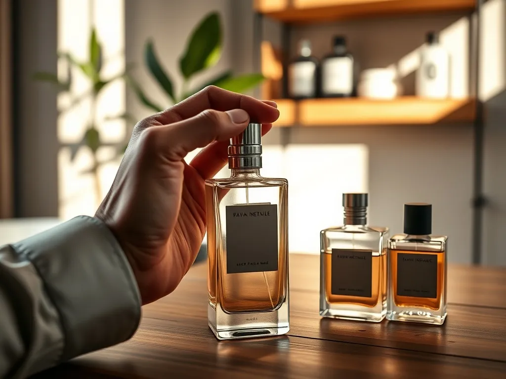 Męska dłoń sięga po elegancki flakon perfum na tle łazienki, podkreślając wybór najlepszych wód toaletowych.
