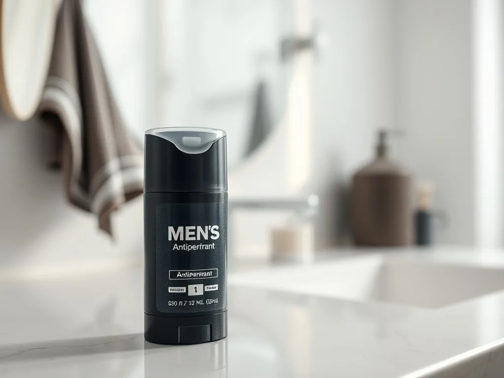 Nowoczesny męski antyperspirant w sztyfcie i sprayu na łazienkowym blacie, podkreślone świeżość i skuteczna ochrona przed potem.