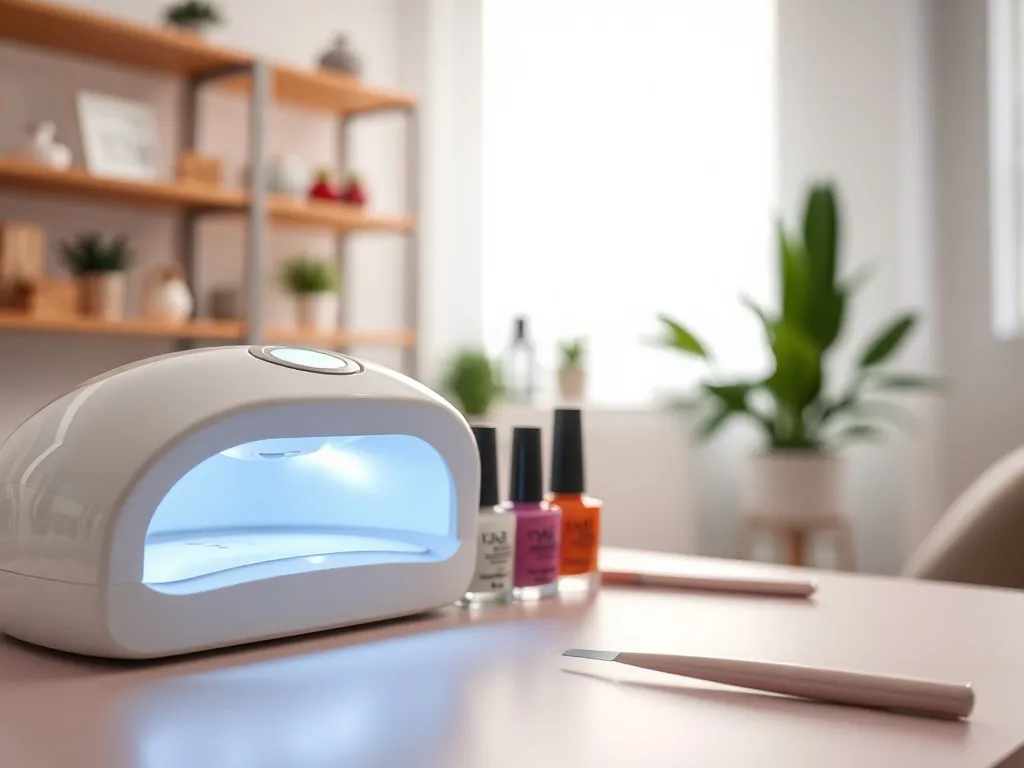 Nowoczesna lampa UV/LED do paznokci na pastelowym biurku z lakierami i pilnikiem w minimalistycznym salonie manicure