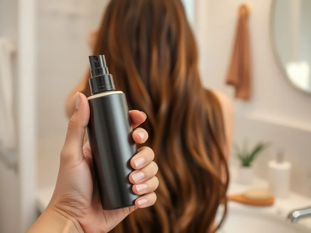 Kobieca dłoń trzyma minimalistyczny spray do włosów obok szczotki, w tle długie, gęste włosy i jasna łazienka.