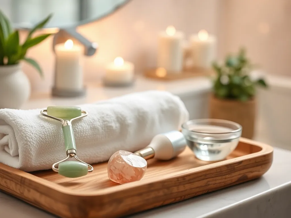 Eleganckie masażery do twarzy na drewnianej tacy w domowej łazience, tworzące spokojną atmosferę domowego SPA