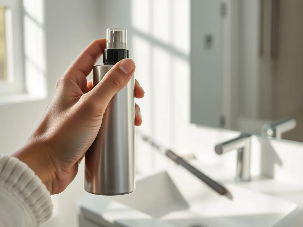 Dłoń trzymająca elegancki spray termoochronny do włosów w jasnej, minimalistycznej łazience z prostownicą w tle.
