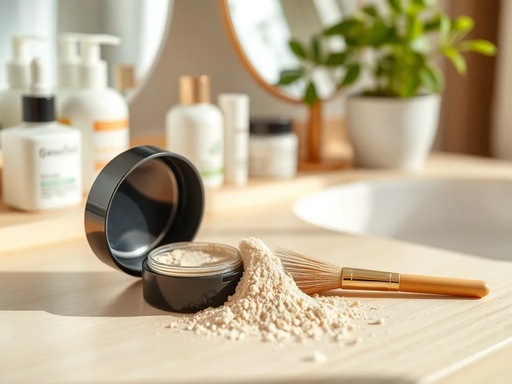Otwarty puder mineralny i pędzel na jasnej toaletce, rozsypany puder podkreśla lekkość, naturalne wykończenie makijażu