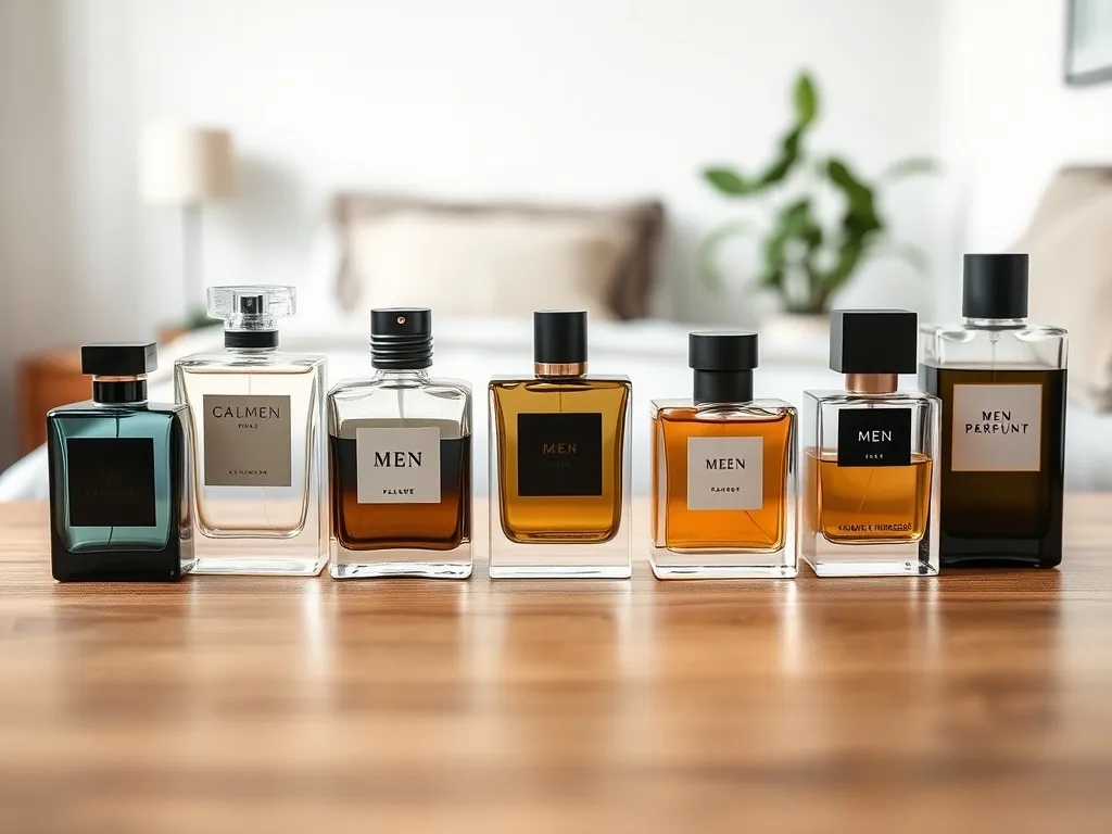 Eleganckie męskie flakony perfum na drewnianej powierzchni, w tle minimalistyczna sypialnia w neutralnych barwach.