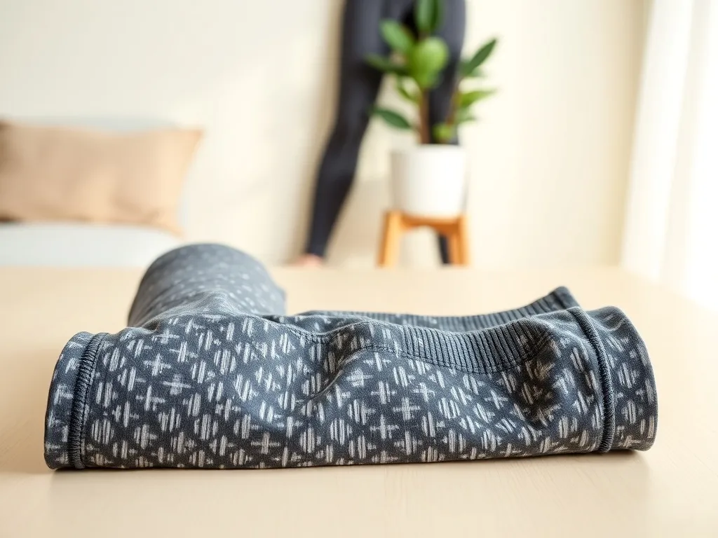 Składane legginsy sportowe z fakturą antycellulitową na jasnym drewnie, w tle drugi model i roślina w minimalistycznym wnętrzu.