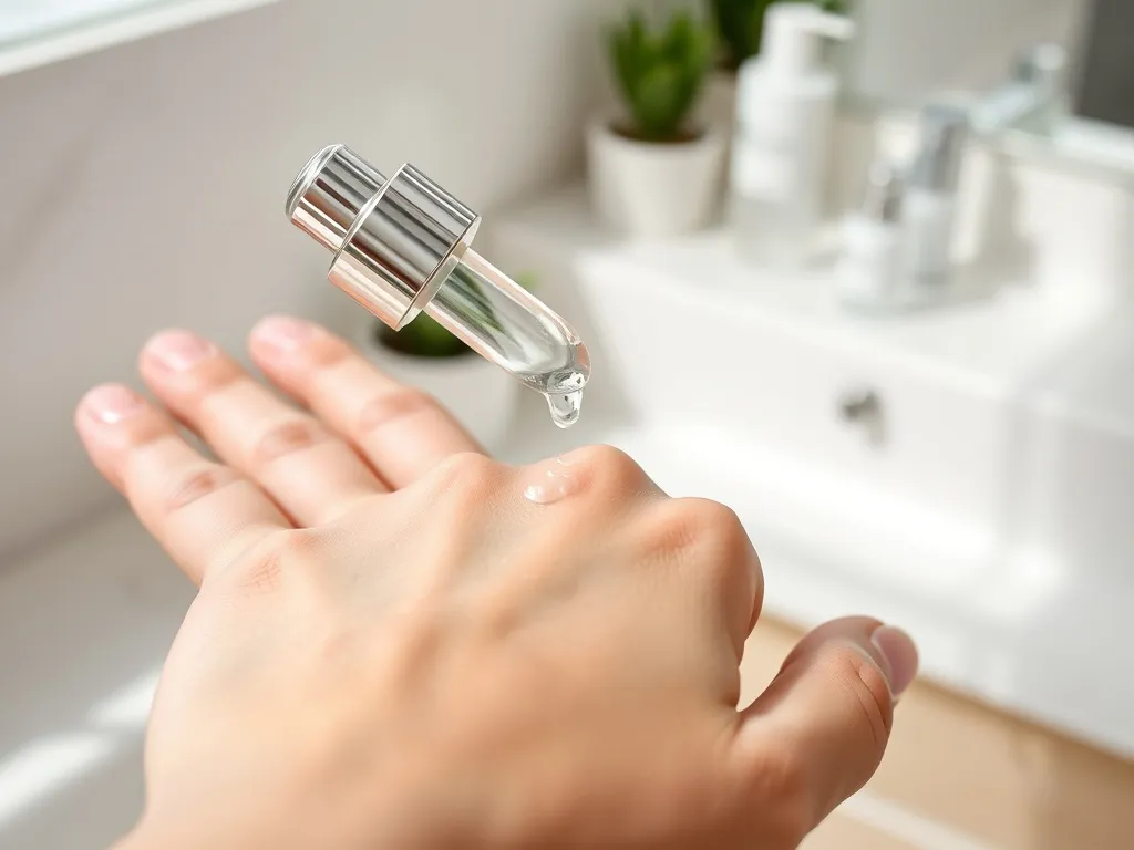 Pipeta z przezroczystym serum hialuronowym nakładanym na gładką dłoń, minimalistyczne tło łazienkowe, nowoczesna pielęgnacja