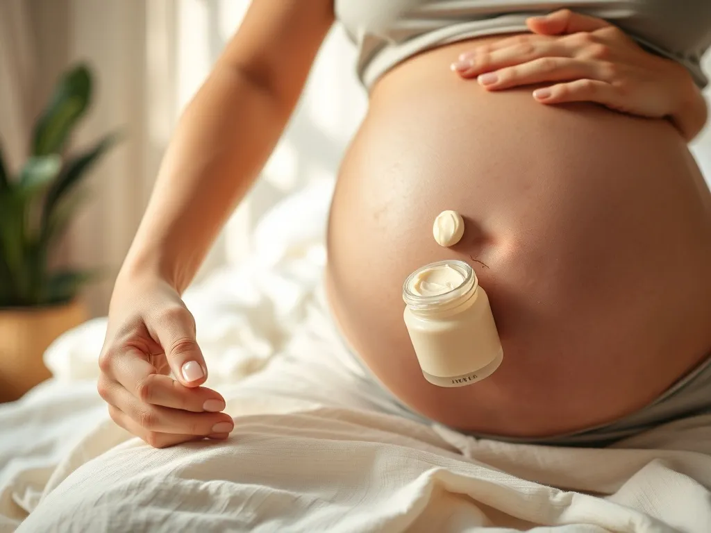 Brzuch ciężarnej kobiety, delikatnie wmasowującej krem na rozstępy w spokojnej, jasnej sypialni.