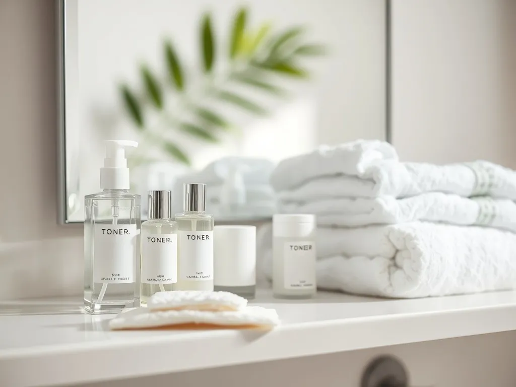 Eleganckie butelki toniku na półce w łazience, obok płatek kosmetyczny, w tle ręczniki i roślina jak w domowym spa