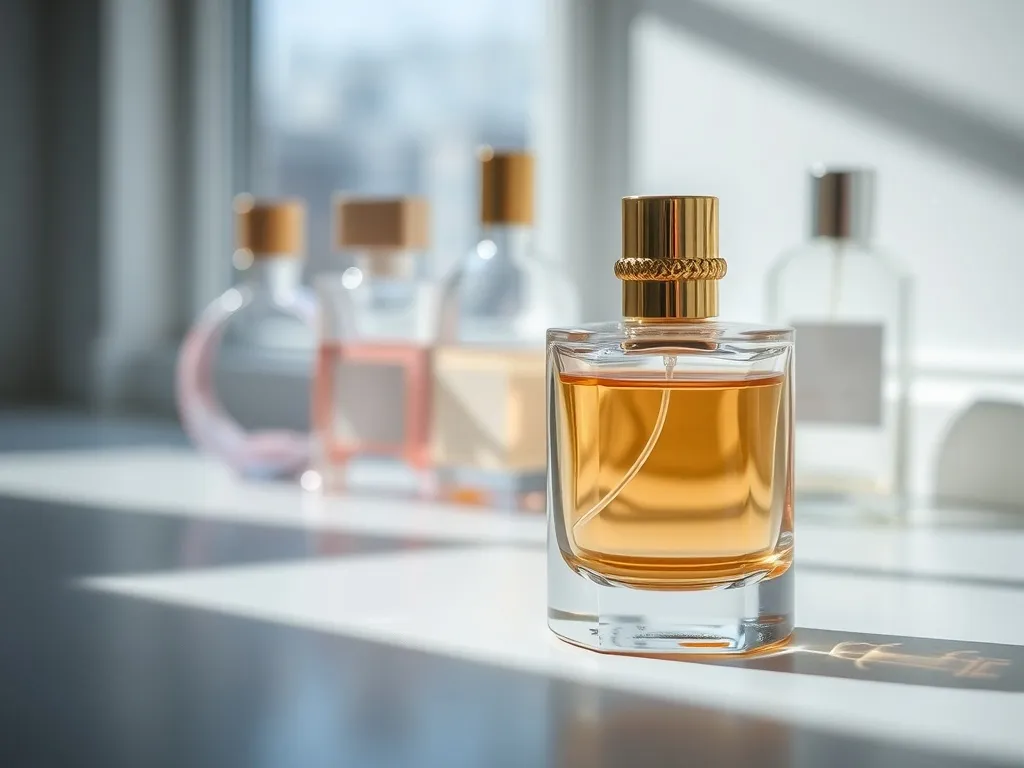Elegancki flakon damskich perfum na jasnym tle, w otoczeniu rozmytych buteleczek, ilustrujący ranking najładniejszych zapachów.