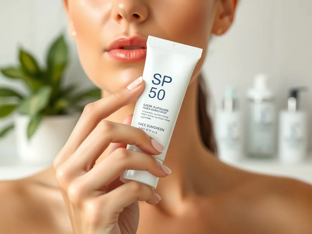 Kobieca dłoń trzyma krem z filtrem SPF 50 przy policzku, tło to jasna, minimalistyczna łazienka z kosmetykami.