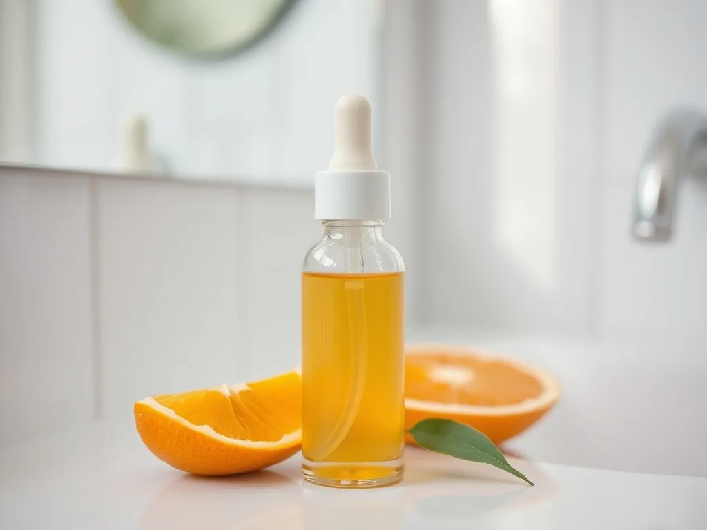 Serum z witaminą C w szklanej pipetce na białym blacie z plasterkami pomarańczy, w minimalistycznej, jasnej łazience