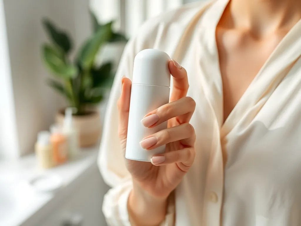 Kobieca dłoń trzyma minimalistyczny antyperspirant roll-on przy jasnej bluzce, w tle rozmyta, świeża łazienka