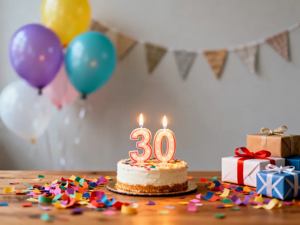 Tort z płonącymi świeczkami „30”, prezenty i konfetti na stole, w tle balony – radosna atmosfera 30. urodzin.