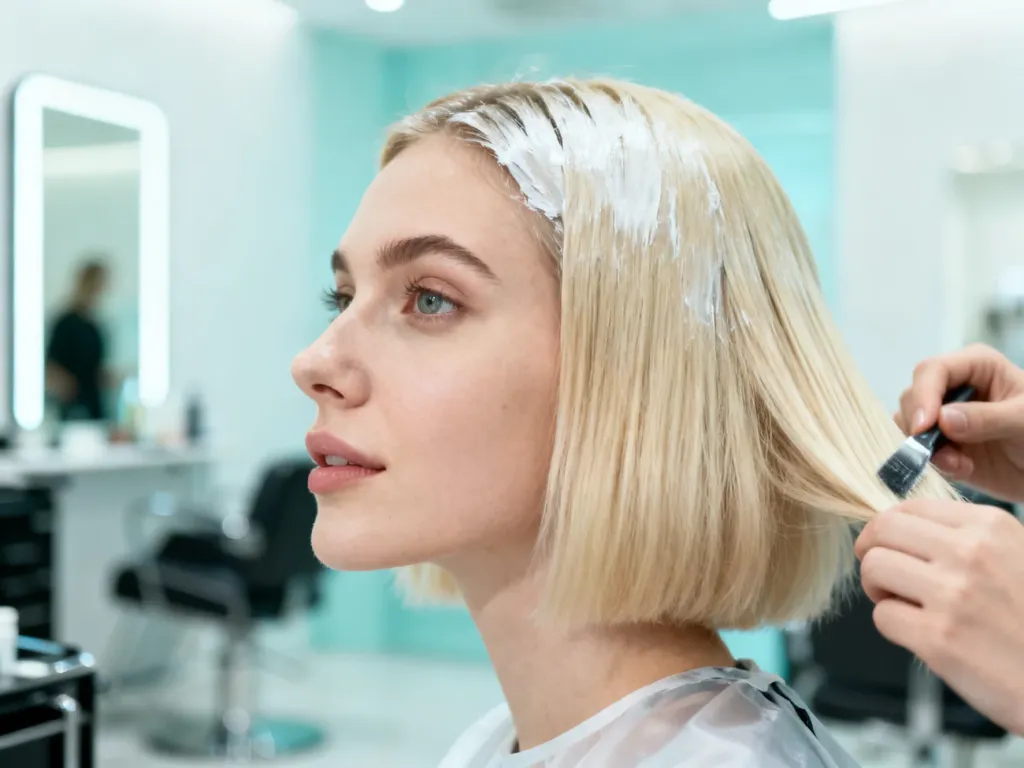 Kobieta nakłada toner na swoje blond włosy, siedząc przed lustrem w nowoczesnym salonie fryzjerskim.