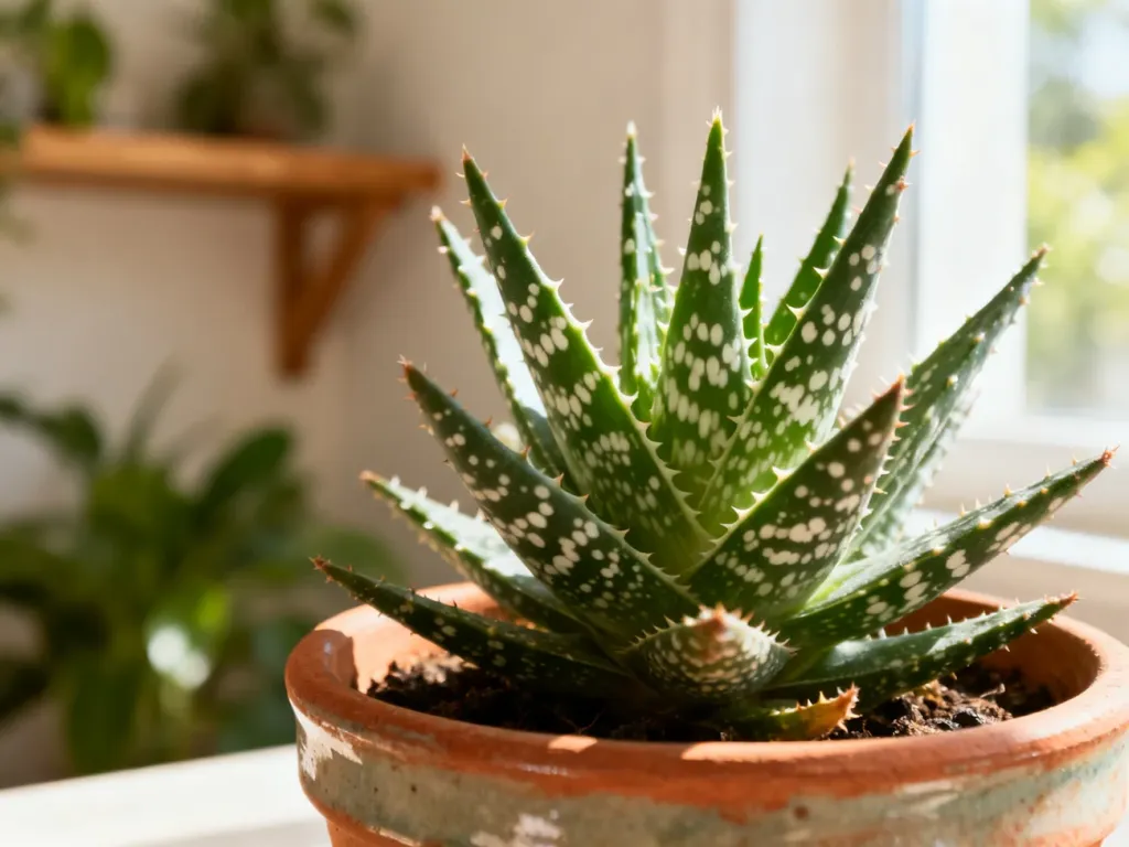 Zbliżenie na zdrowy aloes ościsty w ceramicznej doniczce, ukazujące charakterystyczne nakrapiane liście i kolce.