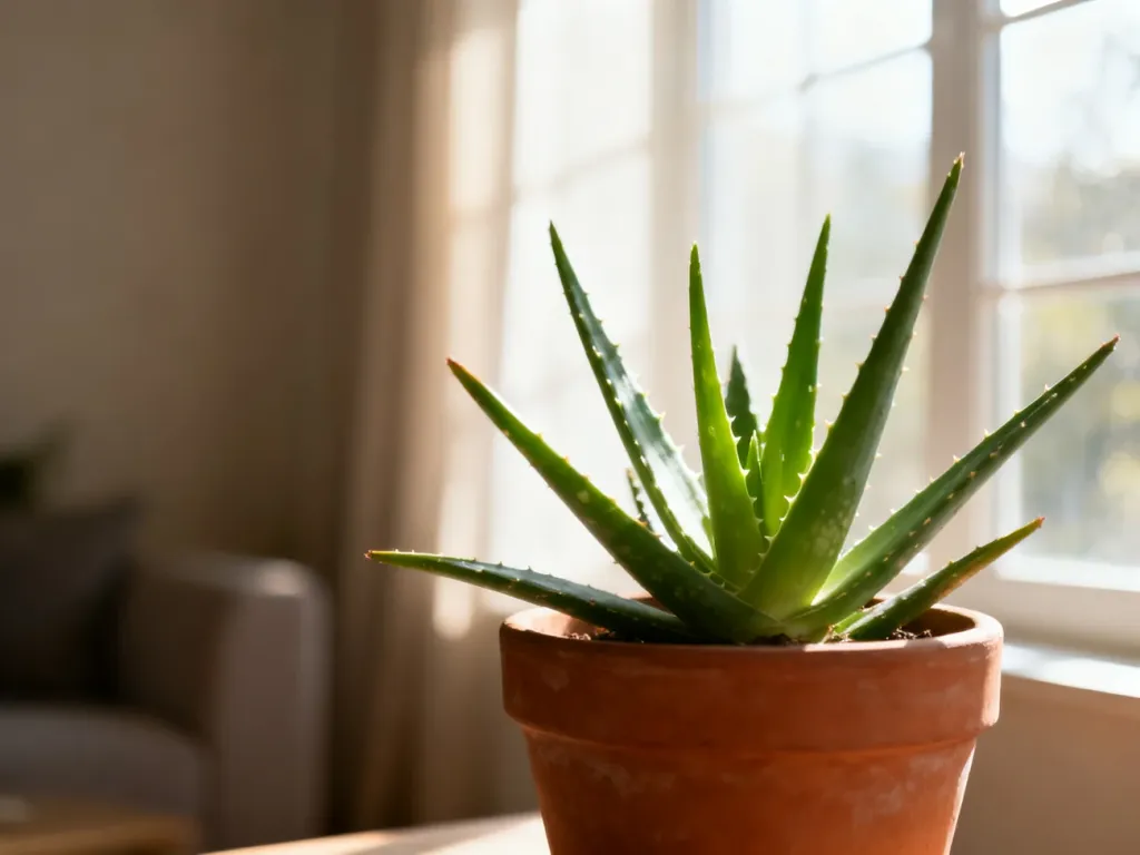 Zdrowy aloes w terakotowej doniczce na tle słonecznego wnętrza, podkreślający estetykę domowej uprawy roślin.