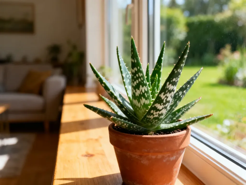 Aloes tygrysi w terakotowej doniczce na słonecznym parapecie, prezentujący charakterystyczne nakrapiane liście.