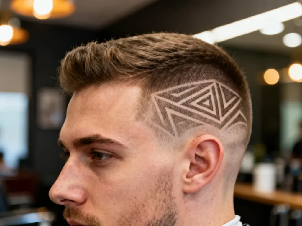 Męska fryzura typu undercut z precyzyjnie wygolonymi geometrycznymi wzorami na boku głowy.